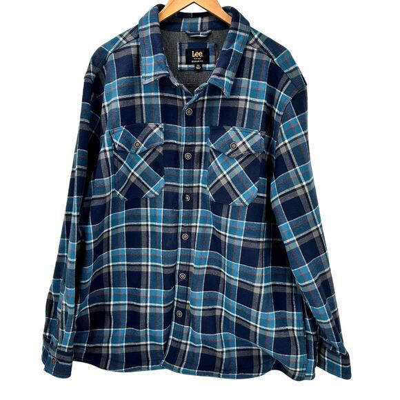 Lee Flannel Shacket Mens 2XL Blue Plaid Button Up Heavyweight Pockets Outdoor - Picture 1 of 8
